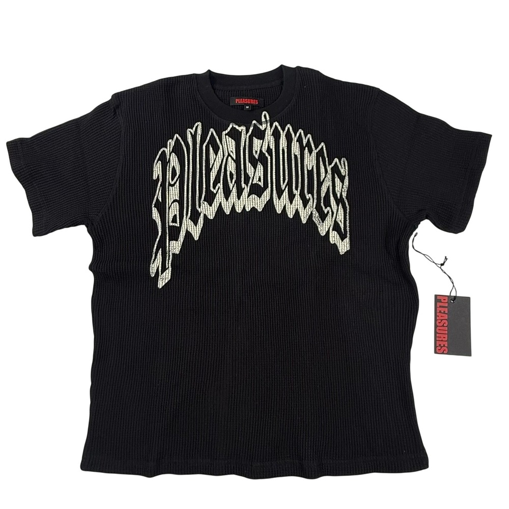 Pleasures Black Thermal Waffle Knit Graphic Logo T-Shirt Mens Medium New